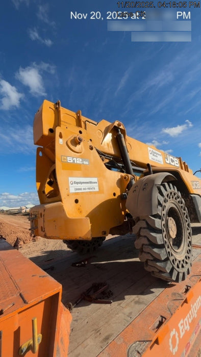 2019 JCB 512-56 109 HP w/CAB/HVAC, Beacon, Aux Hydraulics, Worklights, Solid Tires w/60" Carriage/Forks