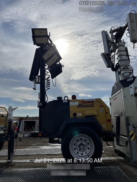Allmand NLV3GR (4) LED Light Fixture 350W, 23' Vertical Mast, 3kW Prime, Towable, Deep Sea L401, Leveling Jacks, Yanmar T4F 5.8hp