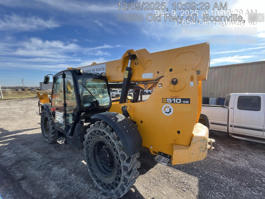 2019 JCB 510-56 Enclosed Cab, 74 HP, Solid Tires, Worklights, Beacon, Aux Hydraulics, Lifting Eye w/66" Carriage/60" Forks