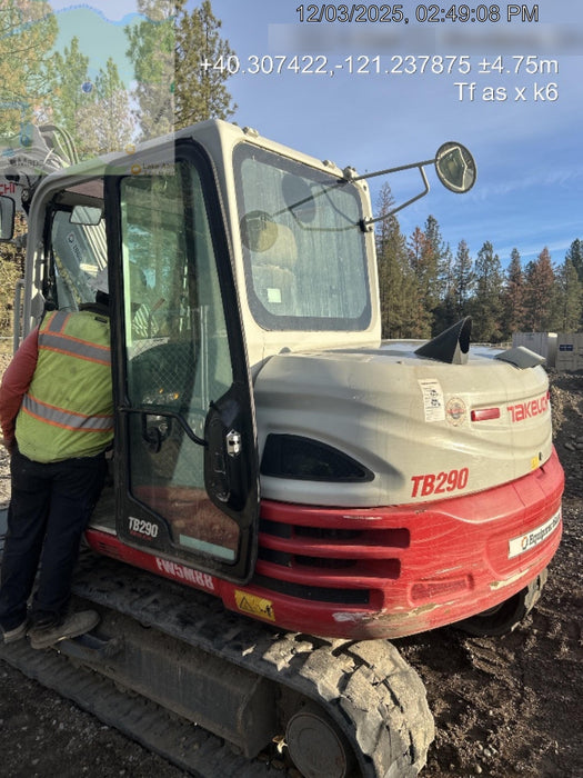 2019 Takeuchi TB290 Cab/Heat/AC Rubber tracks, Dozer blade, Travel alarm, Auxiliary hydraulics Manual QC, Hydraulic thumb, 18", 24", and 36" Buckets