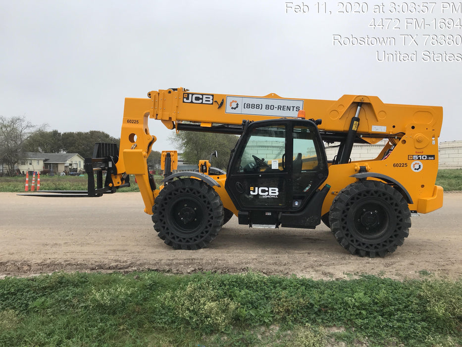 2020 JCB 510-56 Cab/Heat/Air, 74 HP, Solid Tires, STD Worklight, Beacon, Aux Hydraulics, Lifting Eye, Back up Alarm w/66" Carriage/60" Forks