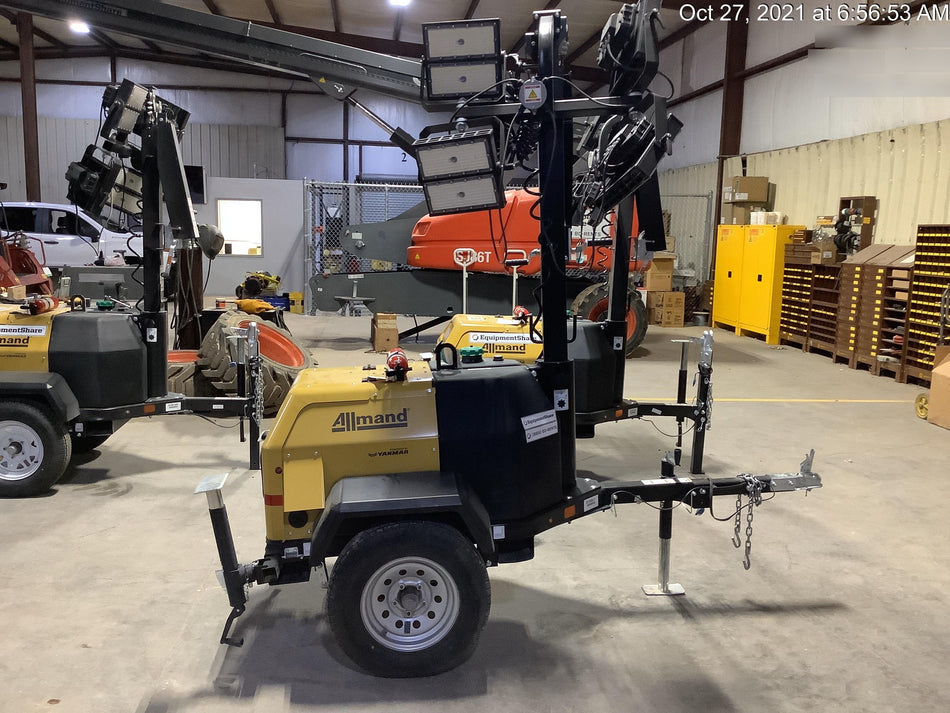Allmand NLV3GR (4) LED Light Fixture 350W, 23' Vertical Mast, 3kW Prime, Towable, Deep Sea L401, Leveling Jacks, Yanmar T4F 5.8hp