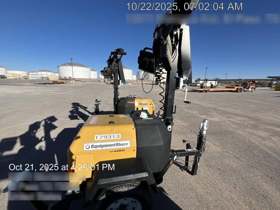 Allmand NLV3GR (4) LED Light Fixture 350W, 23' Vertical Mast, 3kW Prime, Towable, Deep Sea L401, Leveling Jacks, Yanmar T4F 5.8hp