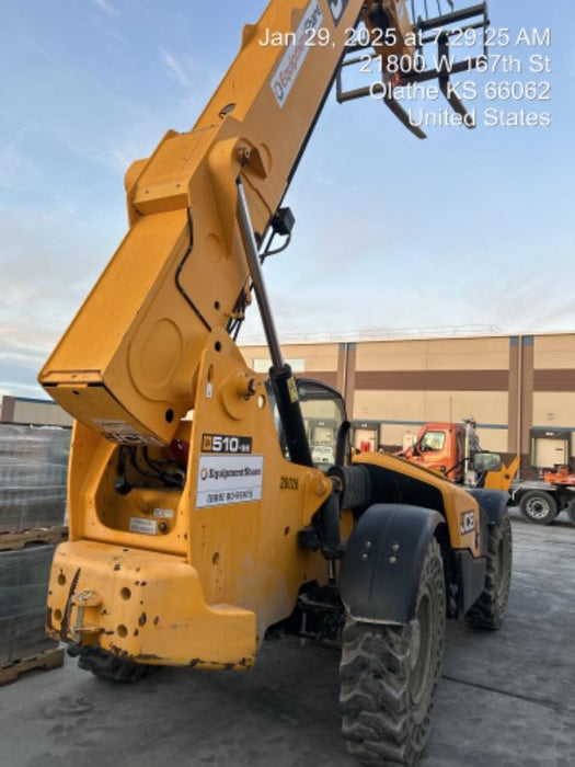 2019 JCB 510-56 74 HP w/Open ROPS, Beacon, Aux Hydraulics, Worklights, Solid Tires, 60" Carriage/Forks