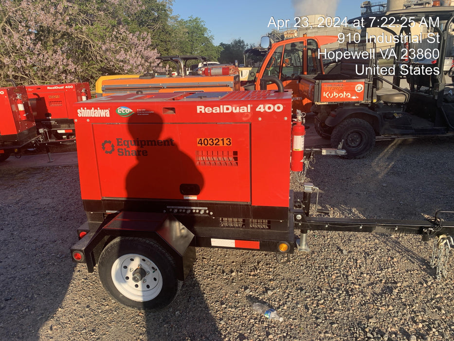 2024 Shindaiwa DGW400MDL Kubota D902 Engine, 23 HP, Dual Op Welder, Wire, Arc, Droop Stick, Tig, and CC Stick Functionality, Simulphase, 3 Phase and 1 Phase Gen Output, Single Axle NB Trlr, Slr Trckl Chrg 12V 12W, Fire Ext