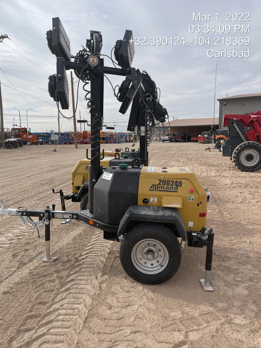 2022 Allmand NLV3GR (4) LED Light Fixture 350W, 23' Vertical Mast, 3kW Prime, Towable, Deep Sea L401, Leveling Jacks, Yanmar T4F 5.8hp