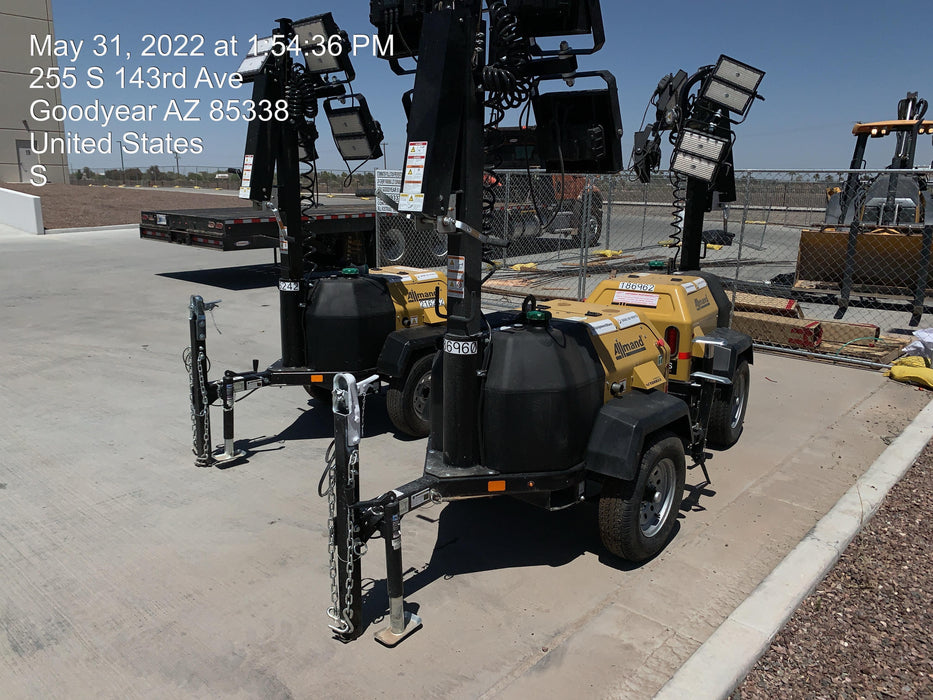 Allmand NLV3GR (4) LED Light Fixture 350W, 23' Vertical Mast, 3kW Prime, Towable, Deep Sea L401, Leveling Jacks, Yanmar T4F 5.8hp