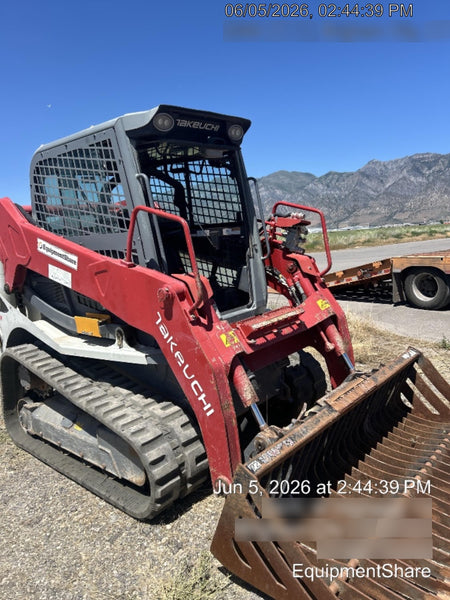 2019 Takeuchi TL10V2-CR Cab/Heat/AC, Rubber Tracks, Backup Alarm, Front & rear working Lights, Auxiliary Hydraulics, 2 Speed Travel, Engine Monitoring System, Hydraulic universal quick hitch w/76" HD dirt bucket with 8 teeth, 20.3 cubic feet capacity, 48" Pallet forks and frame