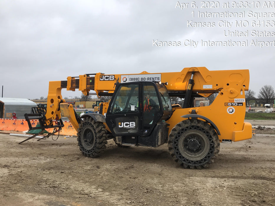 2020 JCB 510-56 Cab/Heat/Air, 74 HP, Solid Tires, STD Worklight, Beacon, Aux Hydraulics, Lifting Eye, Back up Alarm w/66" Carriage/60" Forks