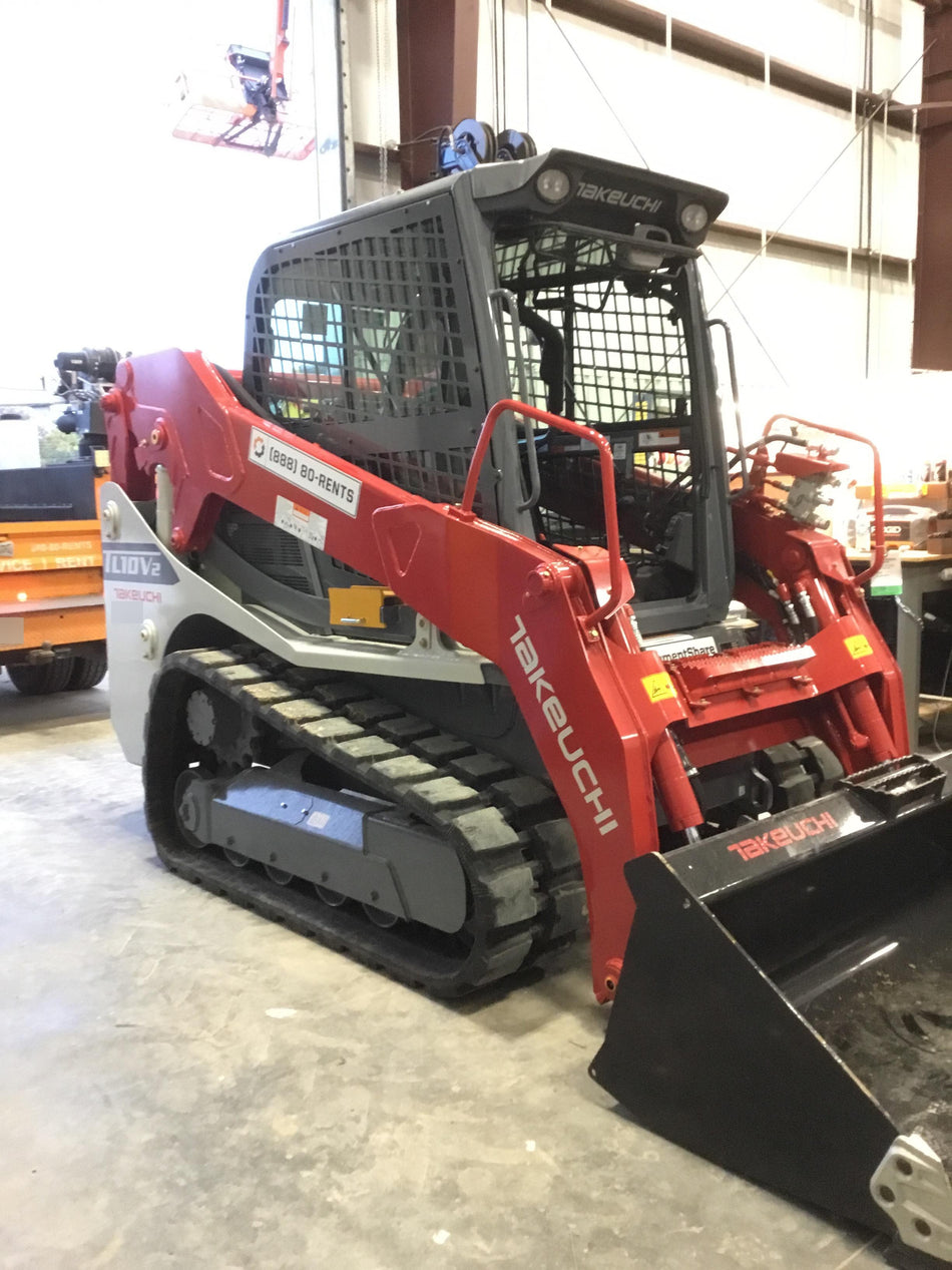 2019 Takeuchi TL10V2-CR Cab/Heat/AC, Rubber Tracks, Backup Alarm, Front & rear working Lights, Auxiliary Hydraulics, 2 Speed Travel, Engine Monitoring System, Hydraulic universal quick hitch w/76" HD smooth dirt bucket with bolt-on edge, 20.3 cubic feet capacity, 48" Pallet forks and frame