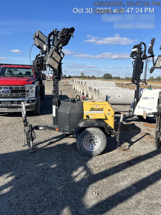 2022 Allmand NLV3GR (4) LED Light Fixture 350W, 23' Vertical Mast, 3kW Prime, Towable, Deep Sea L401, Leveling Jacks, Yanmar T4F 5.8hp