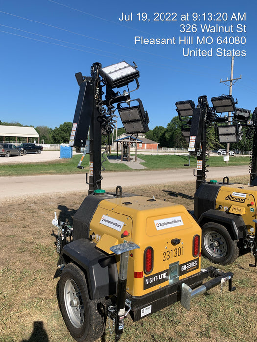 2022 Allmand NLV3GR (4) LED Light Fixture 350W, 23' Vertical Mast, 3kW Prime, Towable, Deep Sea L401, Leveling Jacks, Yanmar T4F 5.8hp