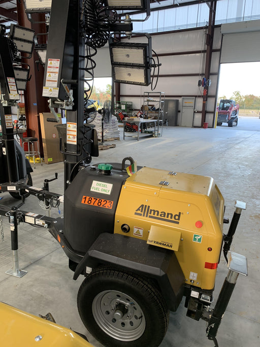 Allmand NLV3GR (4) LED Light Fixture 350W, 23' Vertical Mast, 3kW Prime, Towable, Deep Sea L401, Leveling Jacks, Yanmar T4F 5.8hp