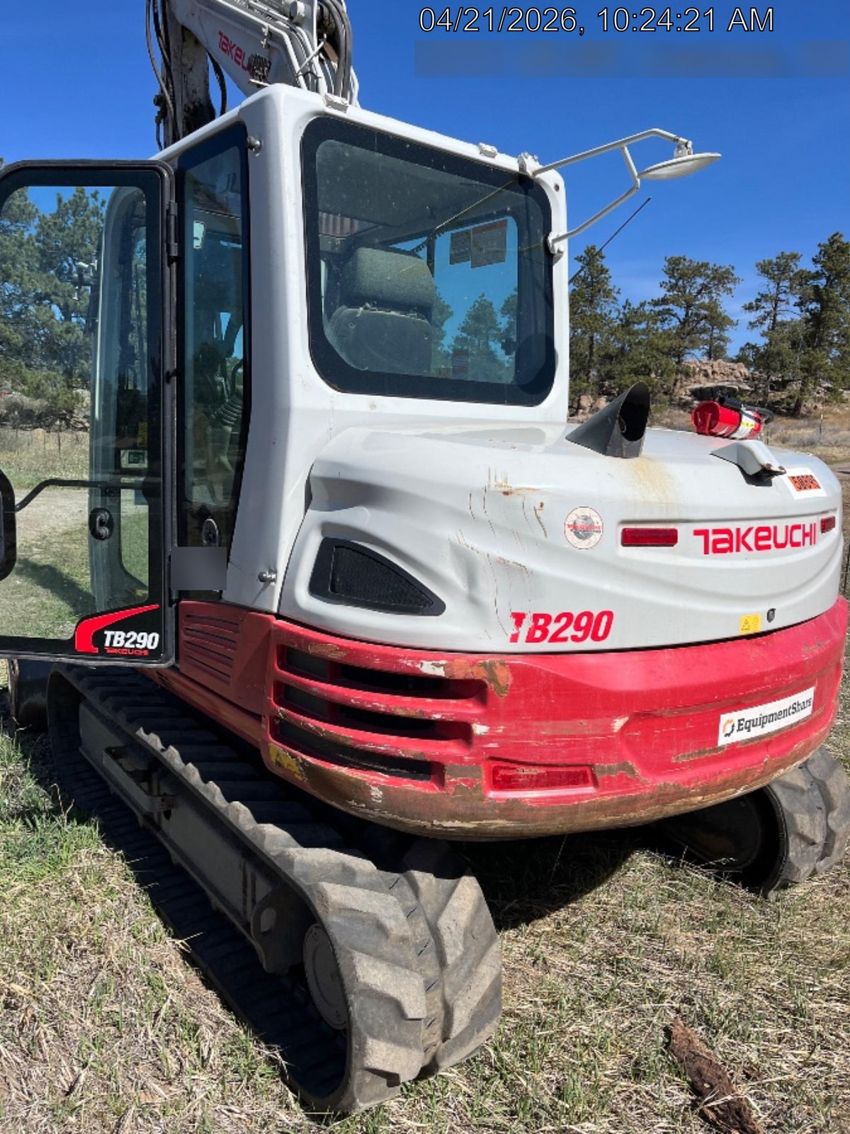 2019 Takeuchi TB290 Cab, AC, Rubber Tracks, Dozer Blade, Travel Alarm, Control Pattern Change Valve, Auxiliary Hydraulics w/18" Quick Coupler Bucket with teeth, 6.2 cu. ft. capacity/24" Quick Coupler Bucket with teeth, 8.6 cu. ft. capacity/36" Quick Coupler Bucket with teeth, 13.4 cu. ft. capacity, Quick Coupler, Hydraulic Thumb Installed