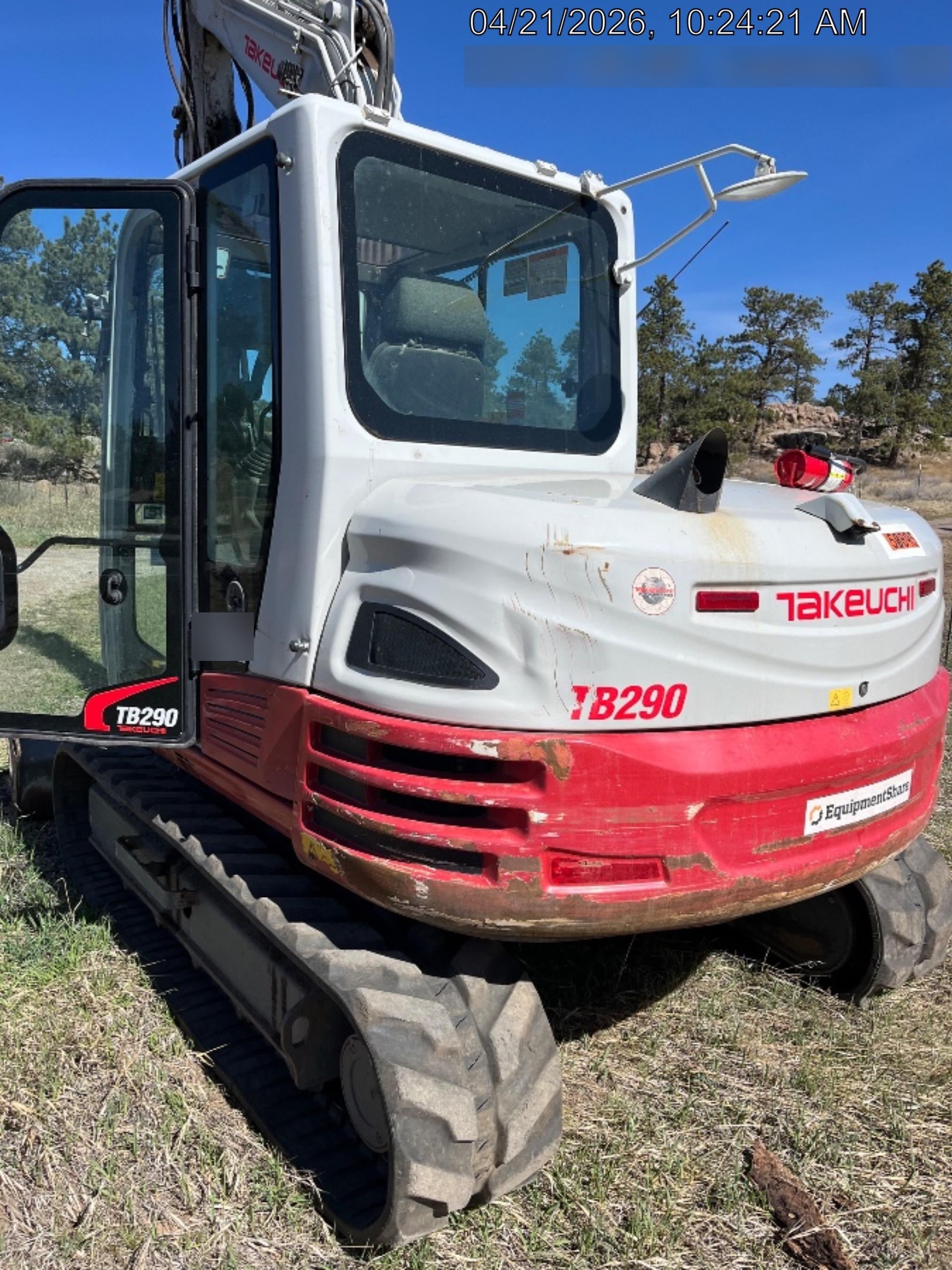 2019 Takeuchi TB290 Cab, AC, Rubber Tracks, Dozer Blade, Travel Alarm, Control Pattern Change Valve, Auxiliary Hydraulics w/18" Quick Coupler Bucket with teeth, 6.2 cu. ft. capacity/24" Quick Coupler Bucket with teeth, 8.6 cu. ft. capacity/36" Quick Coupler Bucket with teeth, 13.4 cu. ft. capacity, Quick Coupler, Hydraulic Thumb Installed