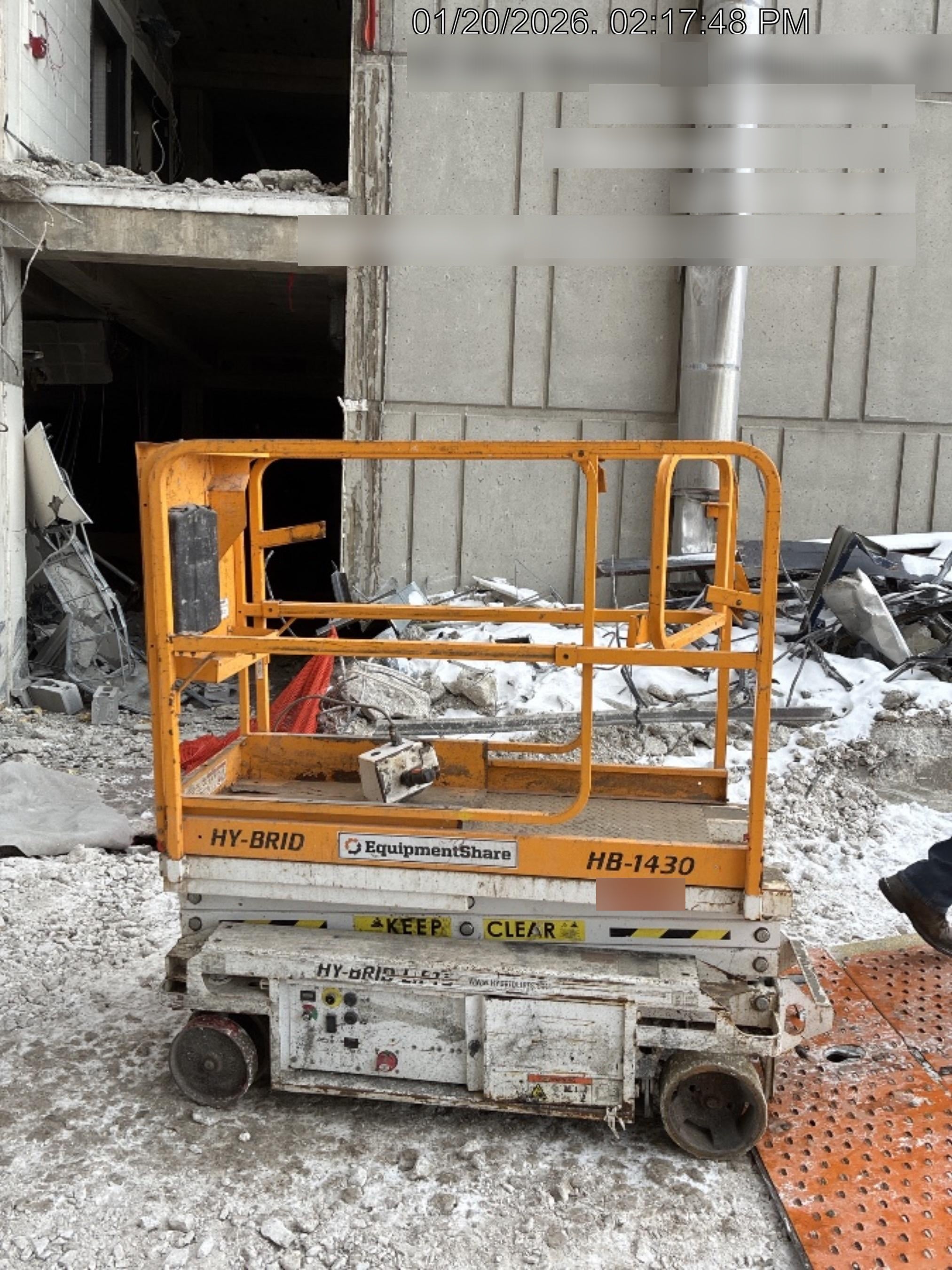 Custom Equipment HB-1430 Hy-Brid Scissor Lift
Platform capacity up to 670 lbs
Working height up to 20 ft
Weighs under 1,700 lbs
Non-marking wheels