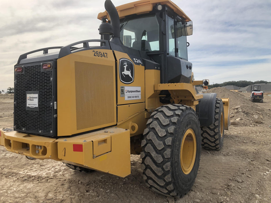 2019 John Deere 524L Cab/Heat/AIR, 3rd Function Hydraulics, Hydraulic JRB QC 2.75 Yd. Bucket, 60" Carriage/72" Forks