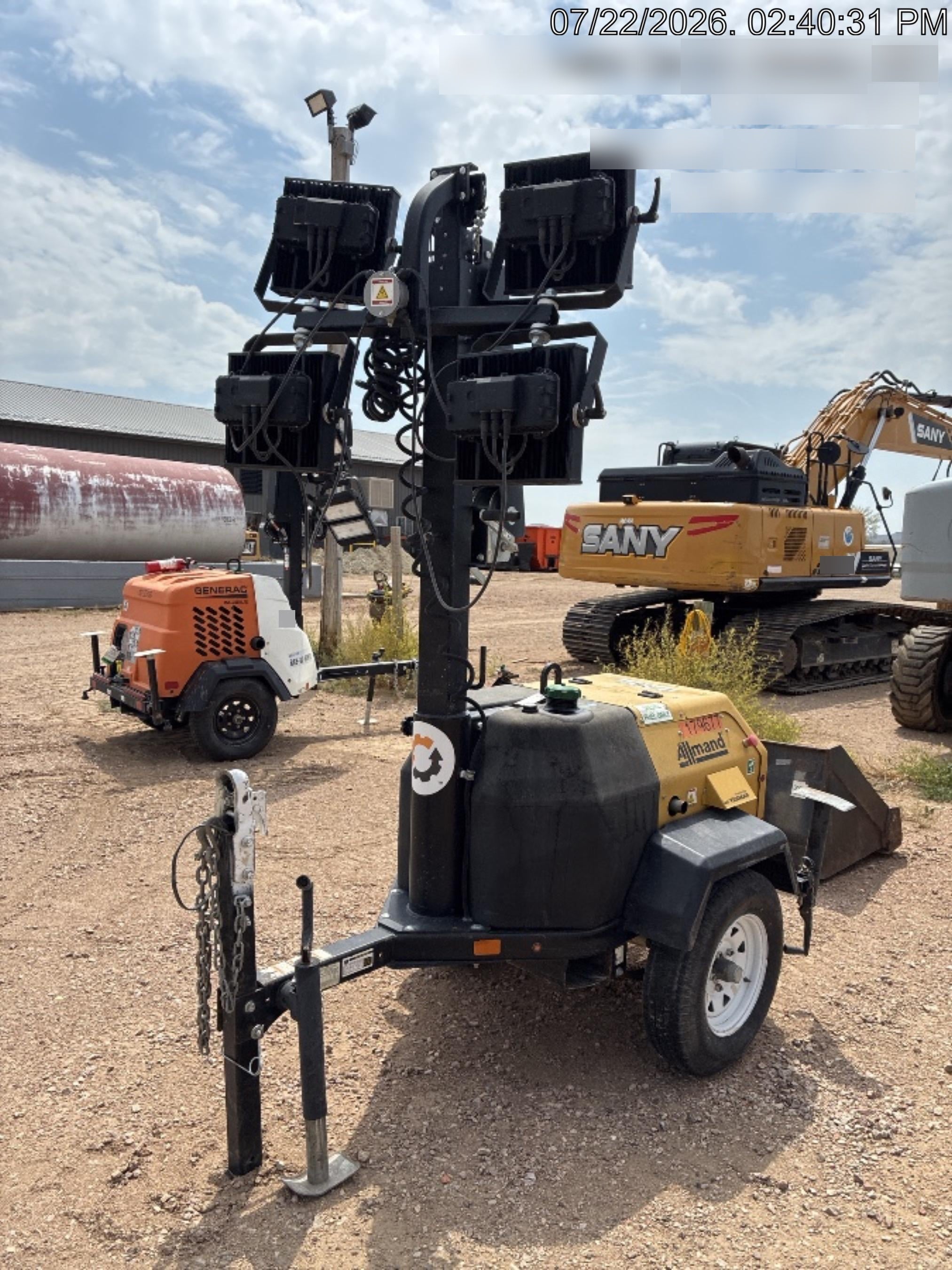 Allmand NLV3GR (4) LED Light Fixture 350W, 23' Vertical Mast, 3kW Prime, Towable, Deep Sea L401, Leveling Jacks, Yanmar T4F 5.8hp