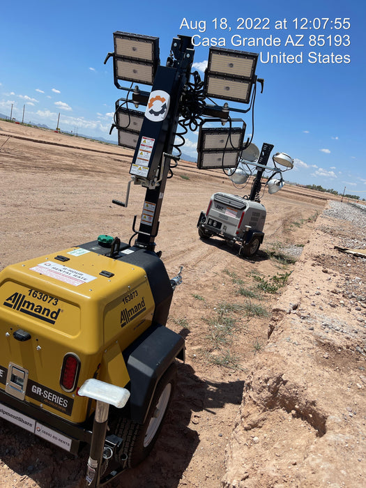 2021 Allmand NLV3GR (4) LED Light Fixture 350W, 23' Vertical Mast, 3kW Prime, Towable, Deep Sea L401, Leveling Jacks, Yanmar T4F 5.8hp