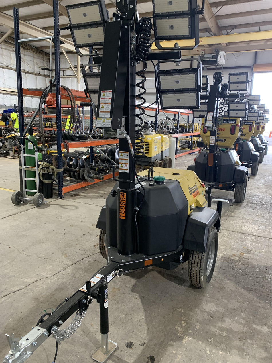 Allmand NLV3GR (4) LED Light Fixture 350W, 23' Vertical Mast, 3kW Prime, Towable, Deep Sea L401, Leveling Jacks, Yanmar T4F 5.8hp