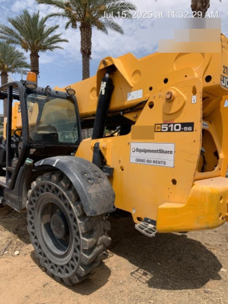 2019 JCB 510-56 74 HP w/Open ROPS, Beacon, Aux Hydraulics, Worklights, Solid Tires w/60" Carriage/Forks