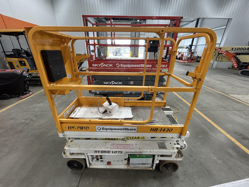 Custom Equipment HB-1430 <ul>
 <li>Hy-Brid Scissor Lift</li>
  <li>Platform capacity up to 670 lbs.</li>
  <li>Working height up to 20 ft</li>
  <li>Weighs under 1,700 lbs.</li>
  <li>Non-marking wheels </li>
</ul>