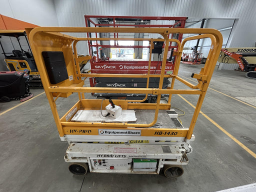 Custom Equipment HB-1430 <ul>
 <li>Hy-Brid Scissor Lift</li>
  <li>Platform capacity up to 670 lbs.</li>
  <li>Working height up to 20 ft</li>
  <li>Weighs under 1,700 lbs.</li>
  <li>Non-marking wheels </li>
</ul>