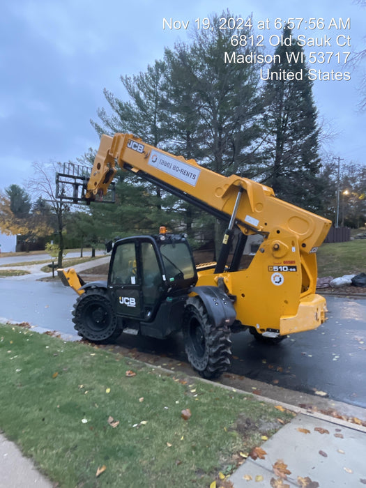 2020 JCB 510-56 Cab/Heat/Air, 74 HP, Solid Tires, STD Worklight, Beacon, Aux Hydraulics, Lifting Eye, Back up Alarm w/66" Carriage/60" Forks