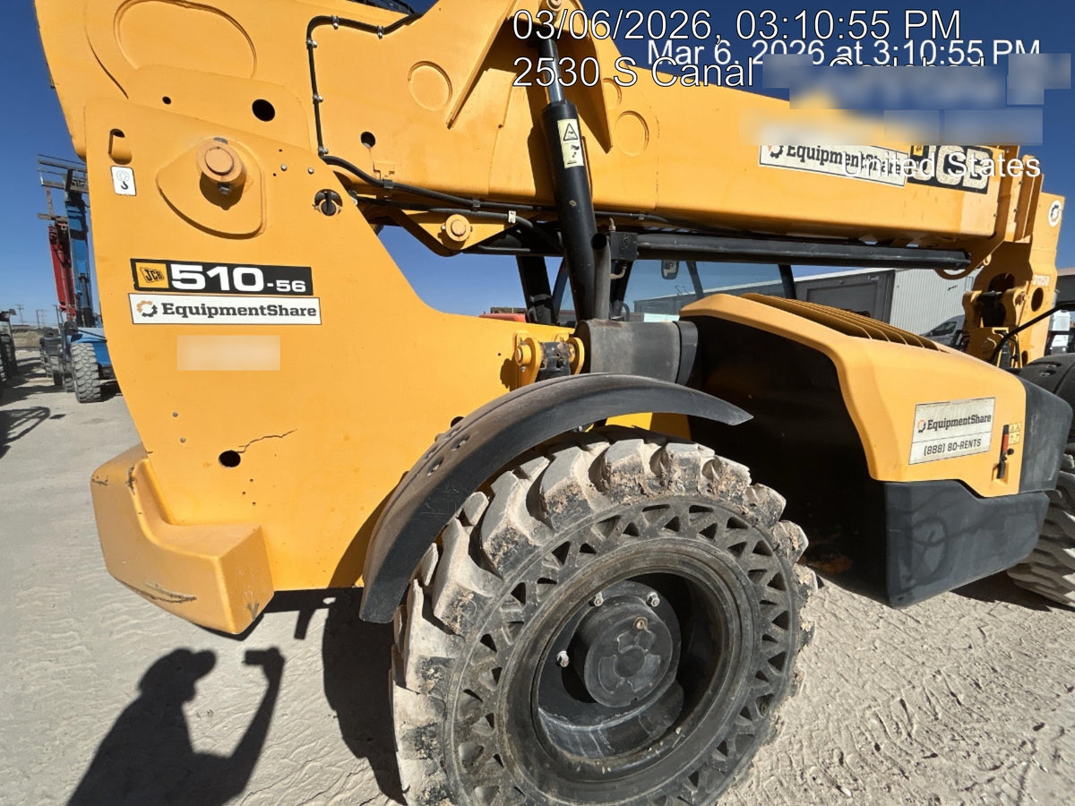 2019 JCB 510-56 Open ROPS, 74 HP, Solid Tires, Worklights, Beacon, Aux Hydraulics, Lifting Eye 72" Carriage/60" Forks