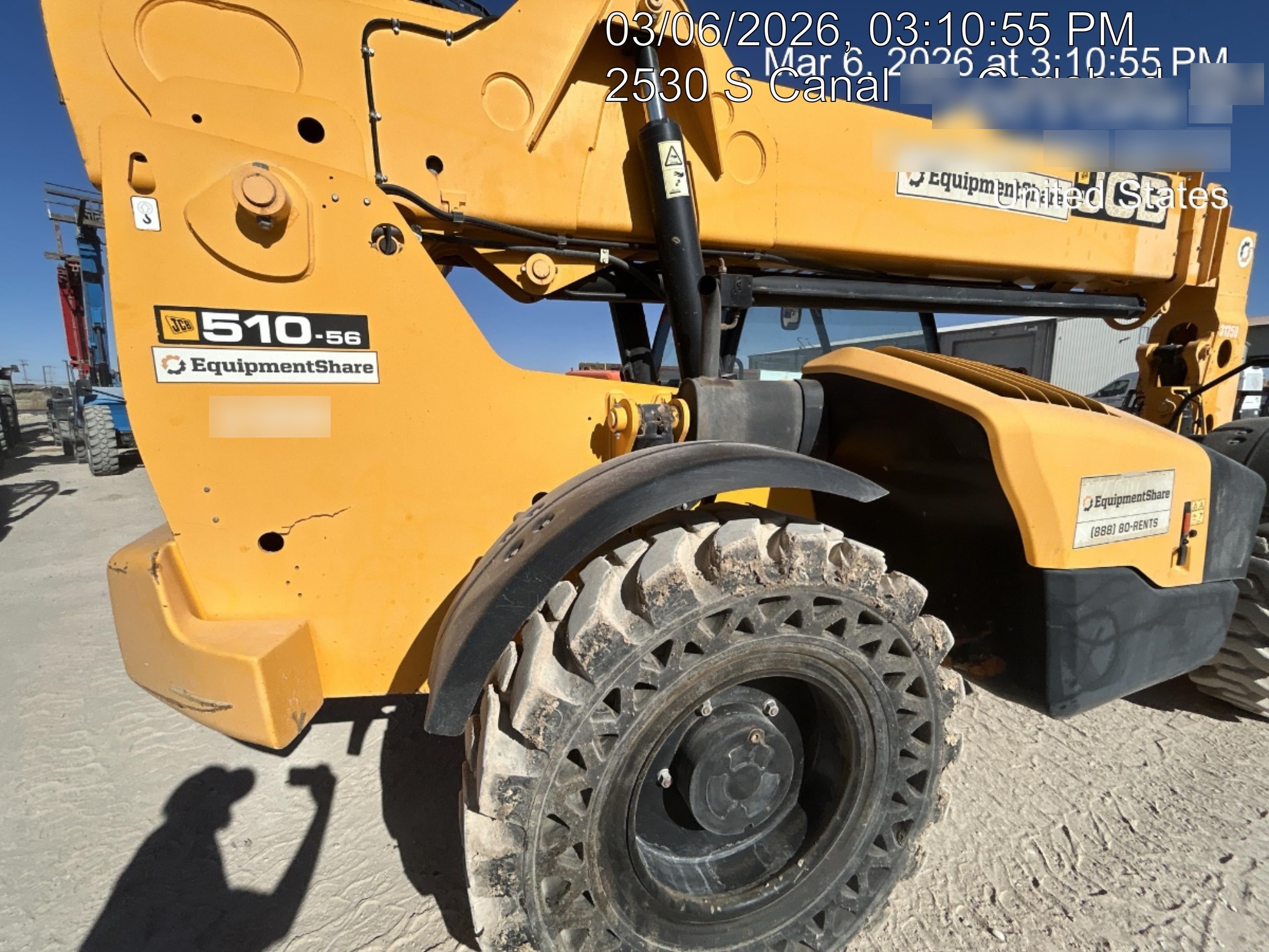 2019 JCB 510-56 Open ROPS, 74 HP, Solid Tires, Worklights, Beacon, Aux Hydraulics, Lifting Eye 72" Carriage/60" Forks