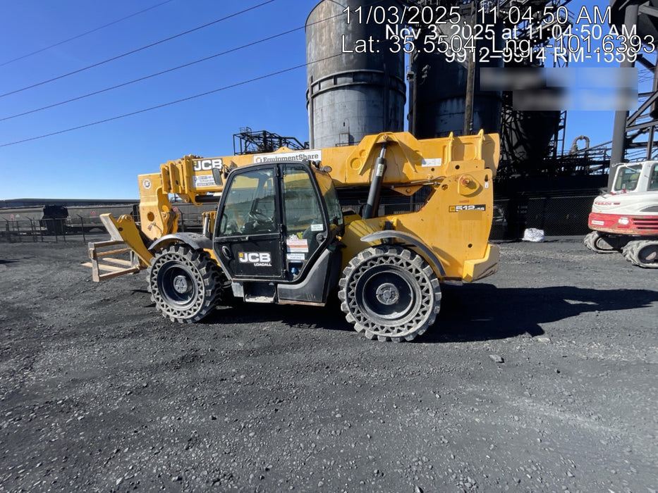 2019 JCB 512-56 109 HP w/CAB/HVAC, Beacon, Aux Hydraulics, Worklights, Solid Tires w/60" Carriage/Forks