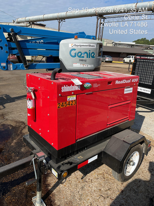 2022 Shindaiwa DGW400MDL Kubota D902 Engine, 23 HP, Dual Op Welder, Wire, Arc, Droop Stick, Tig, and CC Stick Functionality, Simulphase, 3 Phase and 1 Phase Gen Output, Single Axle NB Trlr, Slr Trckl Chrg 12V 12W, Fire Ext