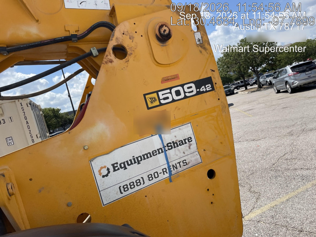 2019 JCB 509-42 JCB 509-42 Enclosed Cab, 74 HP, Solid Tires, Worklights, Beacon, Aux Hydraulics, Lifting Eye, 60" Carriage/60" Forks