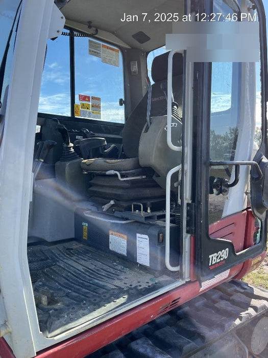 2019 Takeuchi TB290 Cab, AC, Rubber Tracks, Dozer Blade, Travel Alarm, Control Pattern Change Valve, Auxiliary Hydraulics w/18" Quick Coupler Bucket with teeth, 6.2 cu. ft. capacity/24" Quick Coupler Bucket with teeth, 8.6 cu. ft. capacity/36" Quick Coupler Bucket with teeth, 13.4 cu. ft. capacity, Quick Coupler, Hydraulic Thumb Installed
