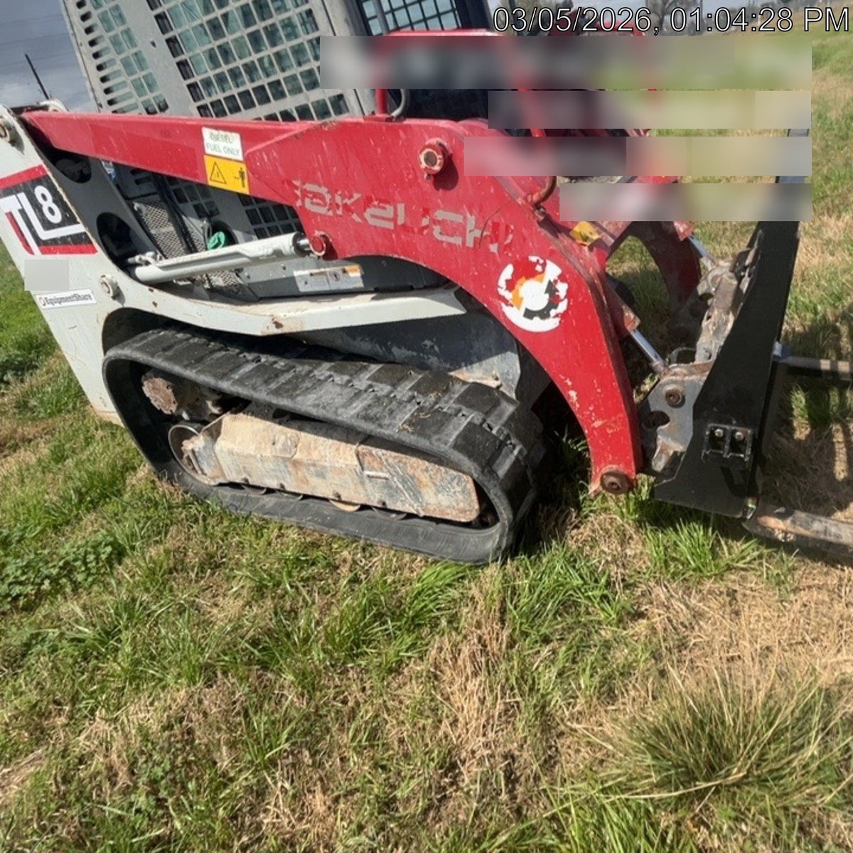 2019 Takeuchi TL8 Cab, Heat/AC, Defroster, 15" Wide Rubber Tracks, Back-up Alarm, Front & Rear Working Lights, Auxiliary Hydraulics, Two-Speed Travel, Electronic Monitoring System, Hydraulic Universal Quick Hitch 76" HD Dirt Bucket with 8 Teeth, 20.3 cubic feet Capacity