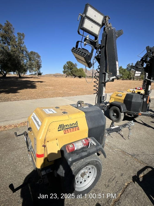 2022 Allmand NLV3GR (4) LED Light Fixture 350W, 23' Vertical Mast, 3kW Prime, Towable, Deep Sea L401, Leveling Jacks, Yanmar T4F 5.8hp