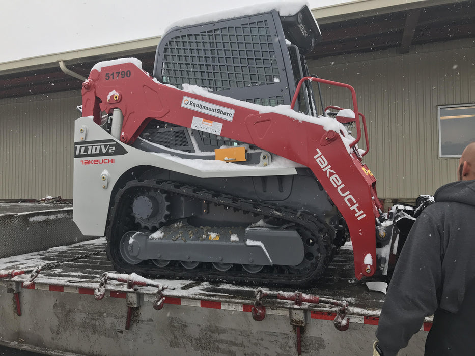 2019 Takeuchi TL10V2-CR Cab/Heat/AC, Rubber Tracks, Backup Alarm, Front & rear working Lights, Auxiliary Hydraulics, 2 Speed Travel, Engine Monitoring System, Hydraulic universal quick hitch w/76" HD dirt bucket with 8 teeth, 20.3 cubic feet capacity, 48" Pallet forks and frame