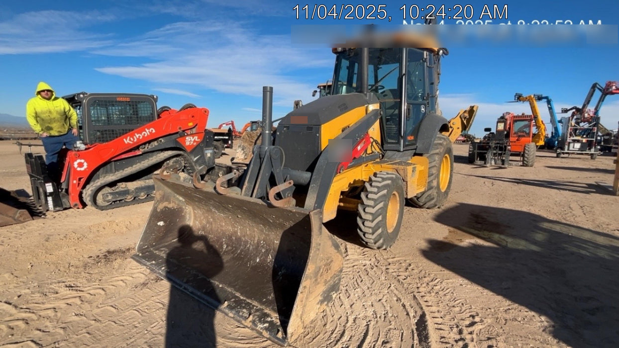 2019 John Deere 410L 4WD, CAB/HVAC, Standard Dipperstick, ISO Controls, Rear Aux Hydraulics, Manual QC w/1.5 Yd Bucket w/Forks, 24" Bucket