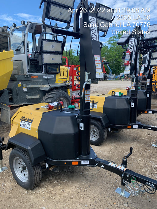 2022 Allmand NLV3GR (4) LED Light Fixture 350W, 23' Vertical Mast, 3kW Prime, Towable, Deep Sea L401, Leveling Jacks, Yanmar T4F 5.8hp