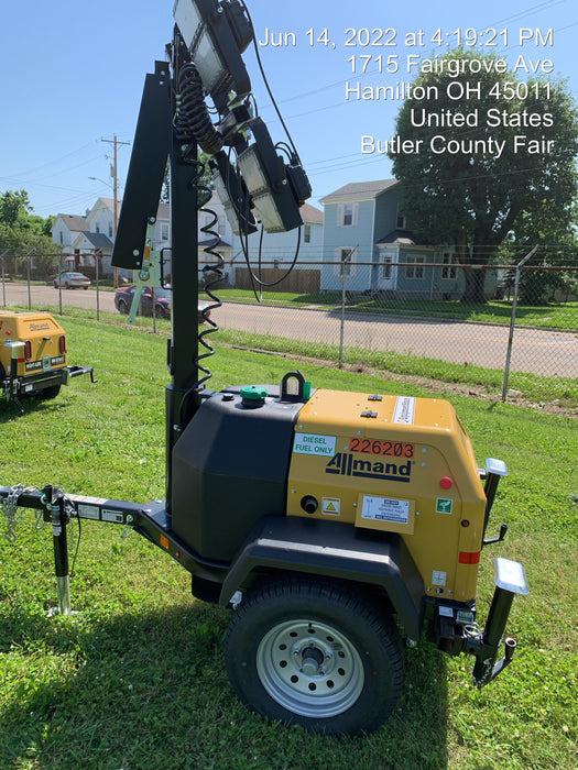 2022 Allmand NLV3GR (4) LED Light Fixture 350W, 23' Vertical Mast, 3kW Prime, Towable, Deep Sea L401, Leveling Jacks, Yanmar T4F 5.8hp