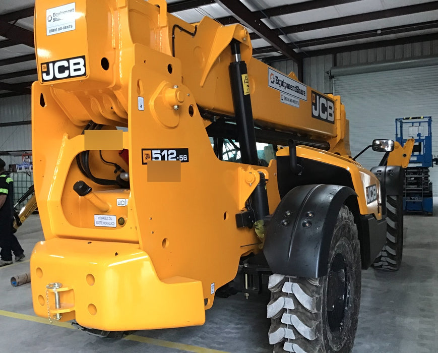 2019 JCB 512-56 109 HP w/CAB/HVAC, Beacon, Aux Hydraulics, Worklights, Solid Tires w/60" Carriage/Forks