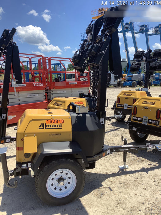 2021 Allmand NLV3GR (4) LED Light Fixture 350W, 23' Vertical Mast, 3kW Prime, Towable, Deep Sea L401, Leveling Jacks, Yanmar T4F 5.8hp