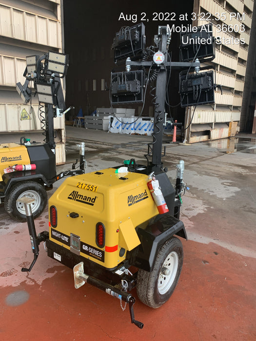 2022 Allmand NLV3GR (4) LED Light Fixture 350W, 23' Vertical Mast, 3kW Prime, Towable, Deep Sea L401, Leveling Jacks, Yanmar T4F 5.8hp