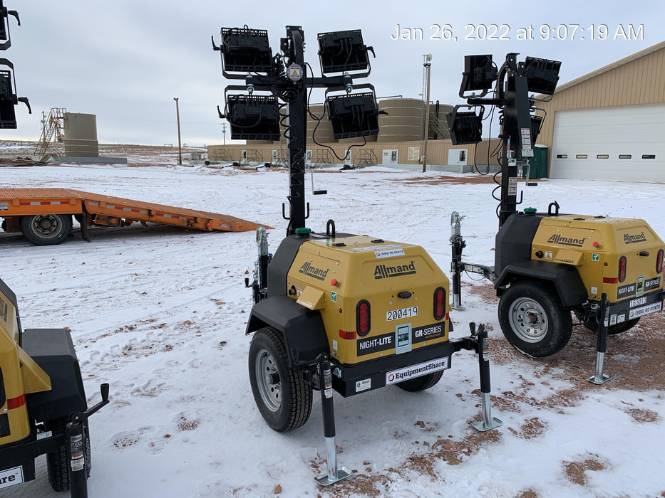 2022 Allmand NLV3GR (4) LED Light Fixture 350W, 23' Vertical Mast, 3kW Prime, Towable, Deep Sea L401, Leveling Jacks, Yanmar T4F 5.8hp