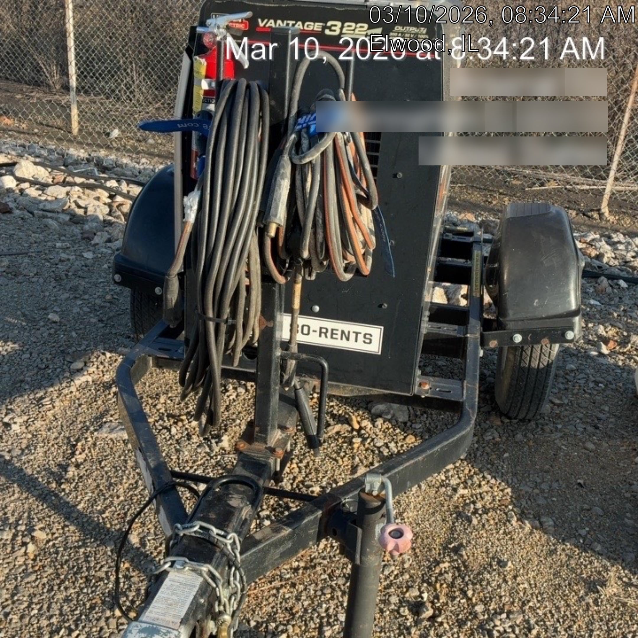 2019 Lincoln Electric Vantage 322 Welder Ready-Pak 3, Two wheel trailer, Fender and Light kit, Cable Rack