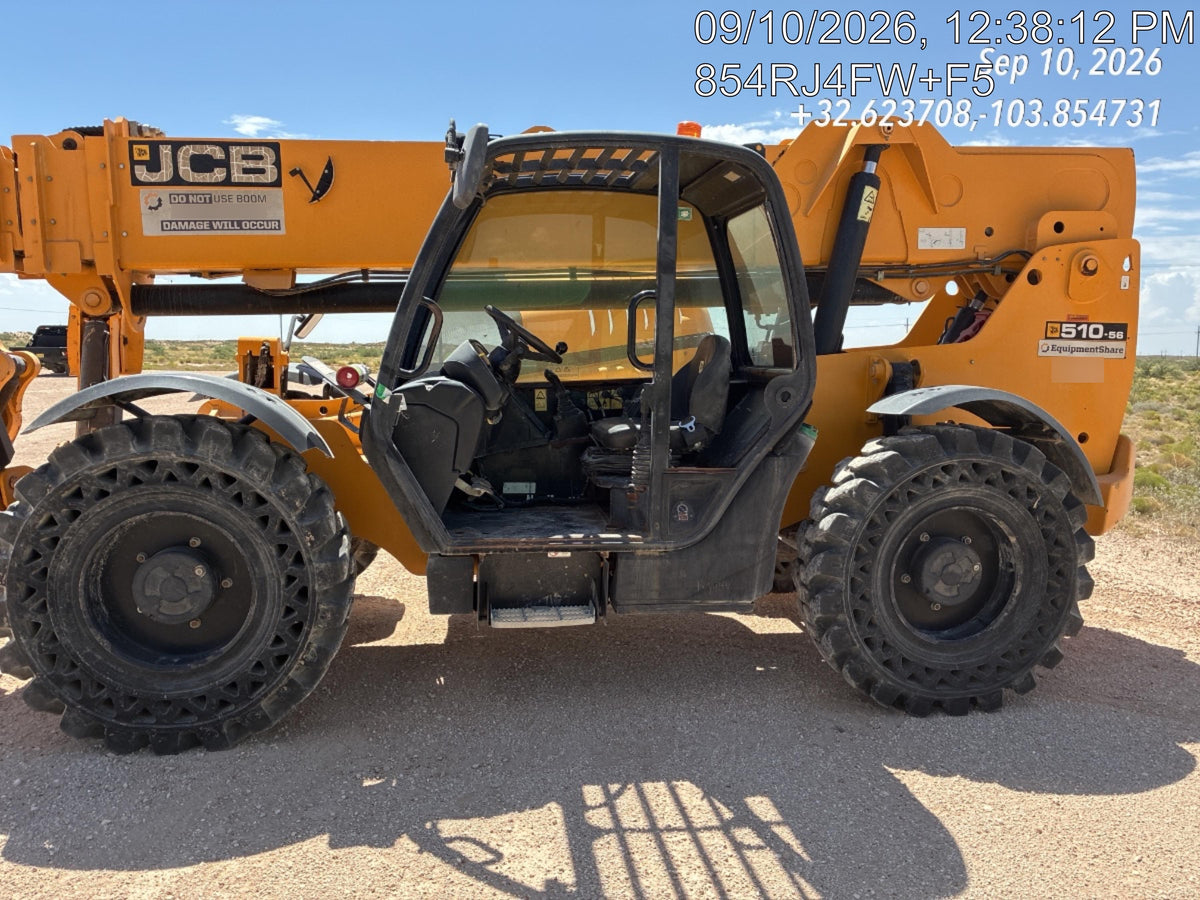 2019 JCB 510-56 Open ROPS, 74 HP, Solid Tires, Worklights, Beacon, Aux Hydraulics, Lifting Eye 72" Carriage/60" Forks