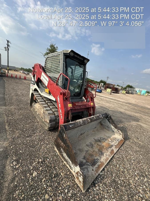 2019 Takeuchi TL10V2-CR Cab/Heat/AC, Rubber Tracks, Backup Alarm, Front & rear working Lights, Auxiliary Hydraulics, 2 Speed Travel, Engine Monitoring System, Hydraulic universal quick hitch w/76" HD smooth dirt bucket with bolt-on edge, 20.3 cubic feet capacity, 48" Pallet forks and frame