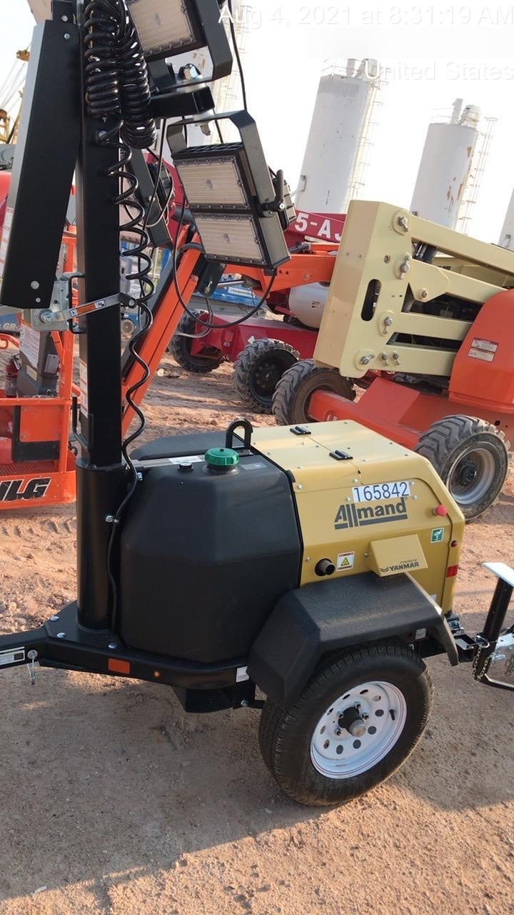 2021 Allmand NLV3GR (4) LED Light Fixture 350W, 23' Vertical Mast, 3kW Prime, Towable, Deep Sea L401, Leveling Jacks, Yanmar T4F 5.8hp