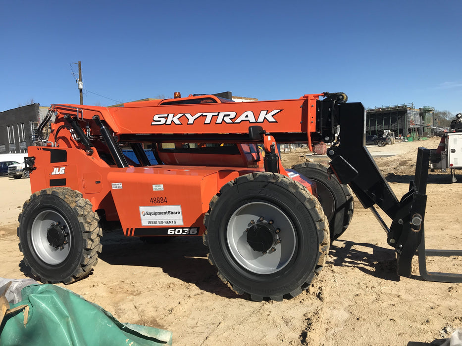 2019 Skytrak 6036 Cab/Heat/Air, Solid Tires, LED Work Lights, Beacon w/50" Carriage, 48" Pallet Forks