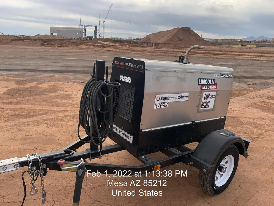2020 Lincoln Electric Vantage 322 Welder Ready-Pak 3, Two wheel trailer, Fender and Light kit, Cable Rack